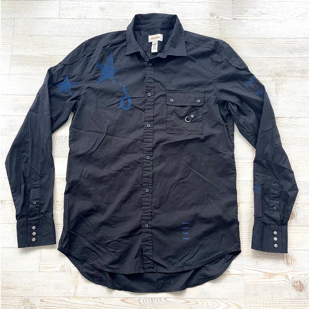 Men's Black Button-Front Shirt with Blue Star Accents